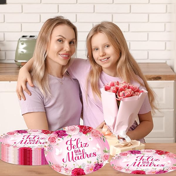 FELIZ DIA DE LAS MADRES PLATES 50PCS,HAPPY MOTHER’S DAY SPAINISH PARTY DECORATION,MOTHERS DAY PINK FLORAL OVAL DISPOSABLE PAPER PLATES FOR BEST MOM EVER PARTY SUPPLIES,11.6 X 9.4 INCH