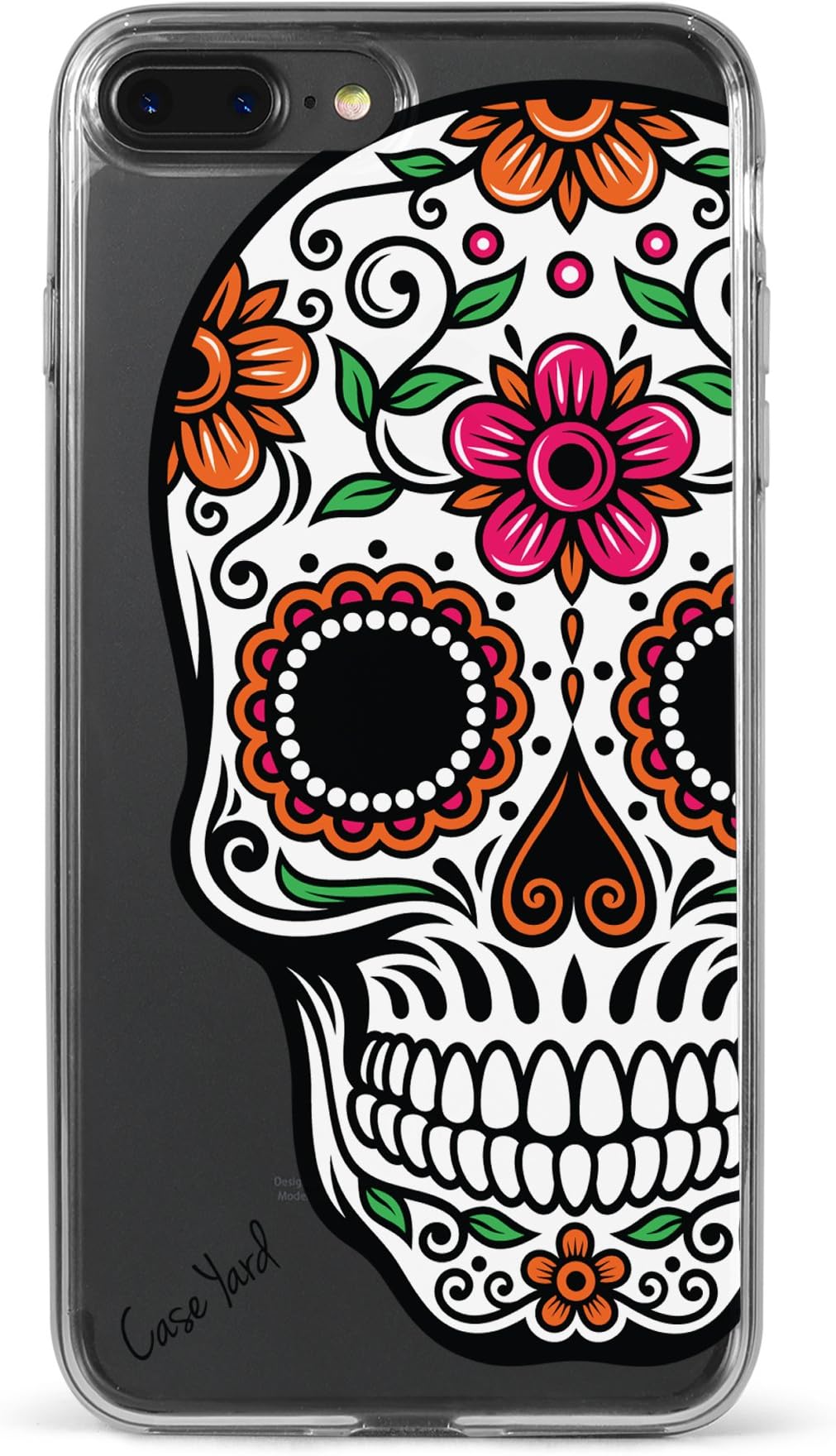 CaseYard Clear Soft & Flexible TPU Case for iPhone 8 Plus - Ultra Low Profile Slim Fit Thin Shockproof Transparent Bumper Protective Cover Drop Protective Case (Sugar Skull)