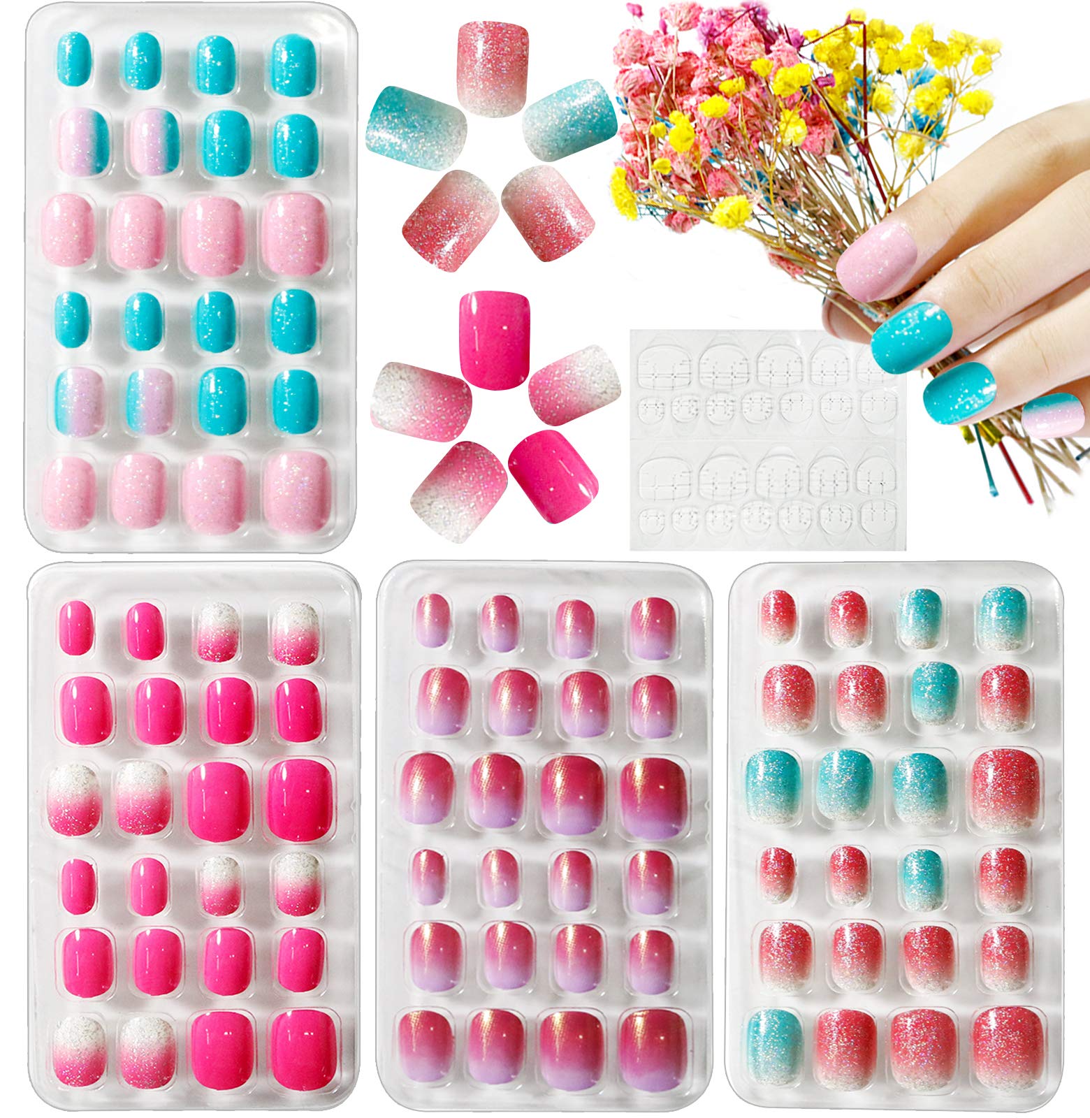 Kalolary 96PCS Kids False Nail, Children Nails Press on Pre-glue Full Cover Gradient Color Short False Nail Kit with 1pcs Nail Glue Sticker, Lovely Gift for Kids Little Girls Nail Art Decoration - B