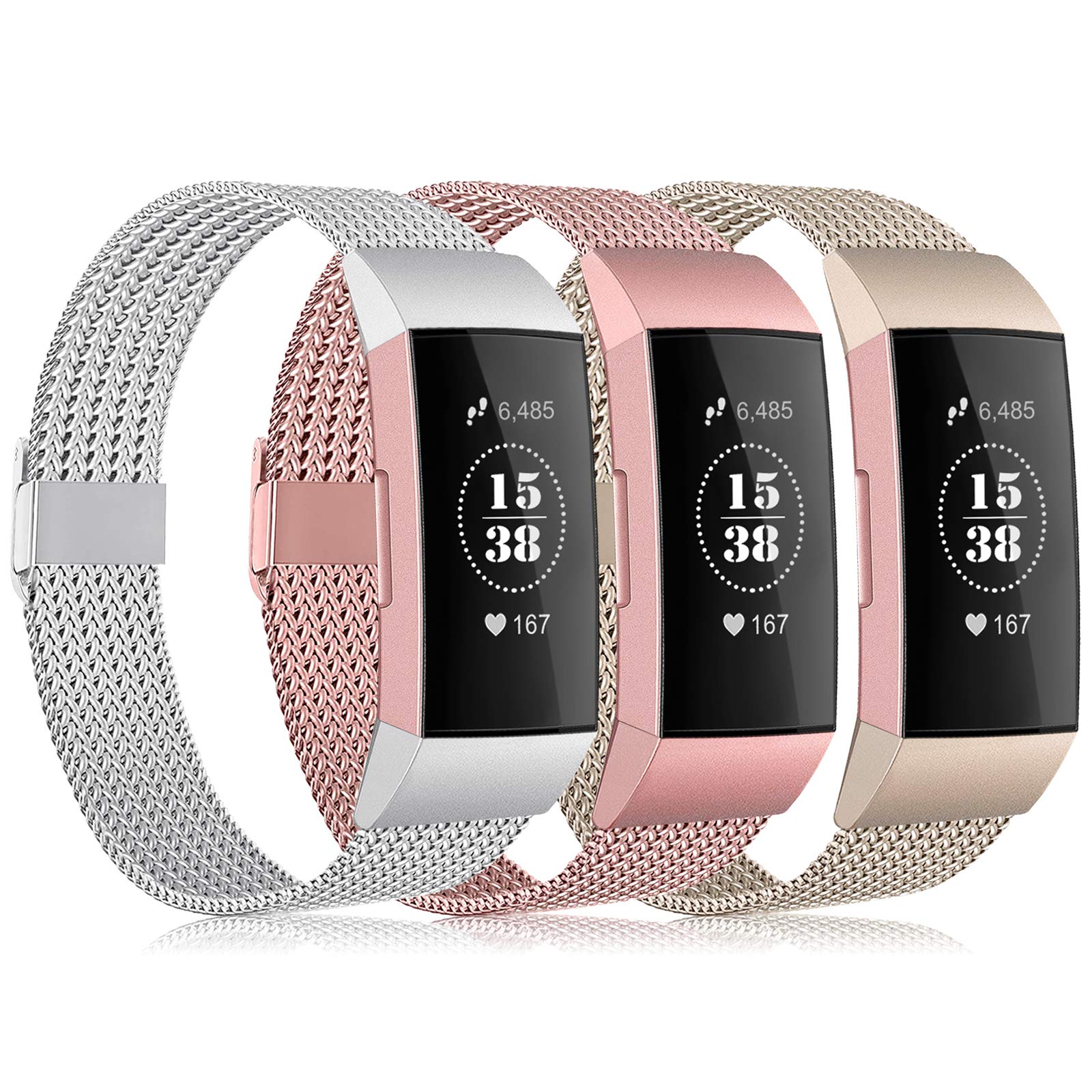 Tobheo Straps Compatible for Fitbit Charge 4/ Charge 3/ SE Strap Metal Accessories Replacement Wrist Band for Women Men 3 Pack L