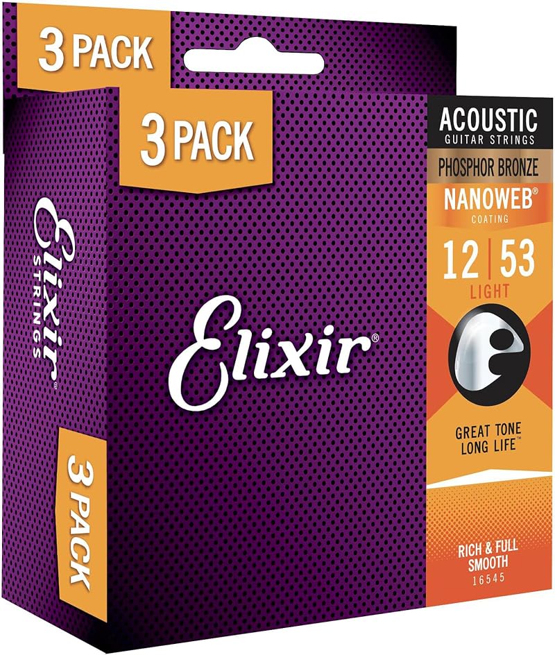 Elixir Acoustic Phosphor Bronze Strings NANOWEB Coating Light 12-53 3 Pack