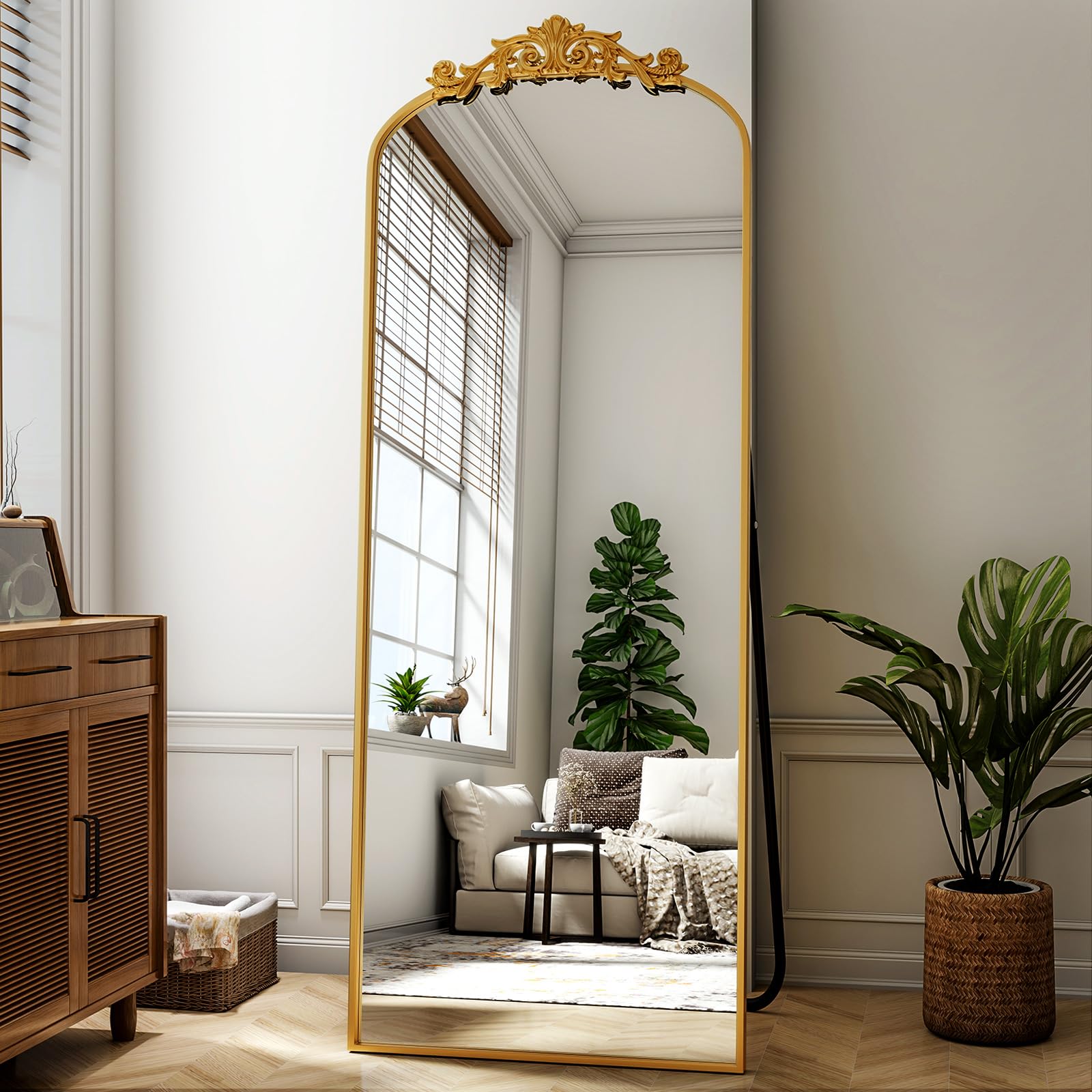 Photo 1 of Easly 21"x64" Arched Full Length Mirror, Freestanding Floor Mirror with Ornate Metal Frame, Black Full Body Mirror for Home Decor, Wall Hanging Vintage Accent Mirrors