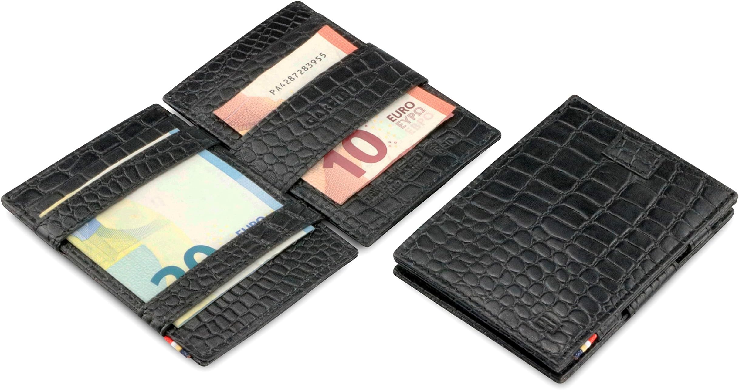 Magic Wallet with Pull-Tab, Mens Wallet Leather, ID Card Holder RFID Blocking, Slim Wallet for Men for 12 Cards, Croco Black