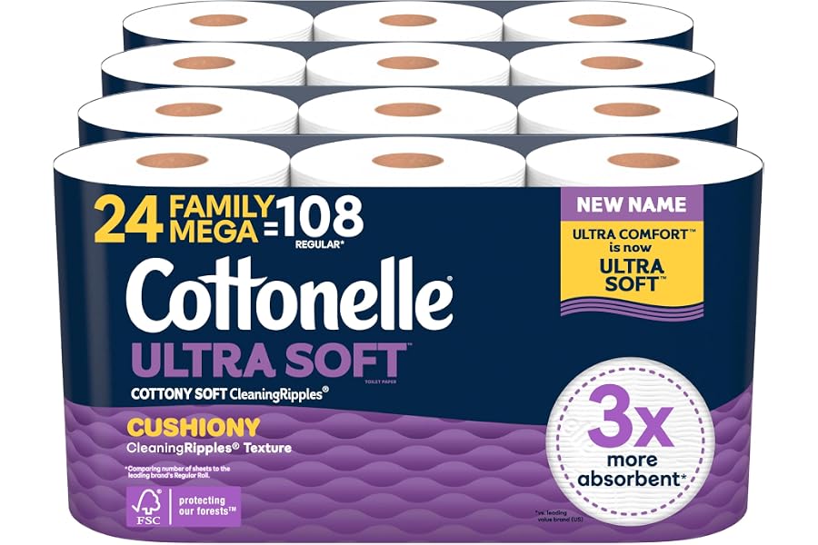 Cottonelle Ultra Soft Toilet Paper with Cushiony CleaningRipples Texture, Strong Bath Tissue, 24 Family Mega Rolls = 108 Regu