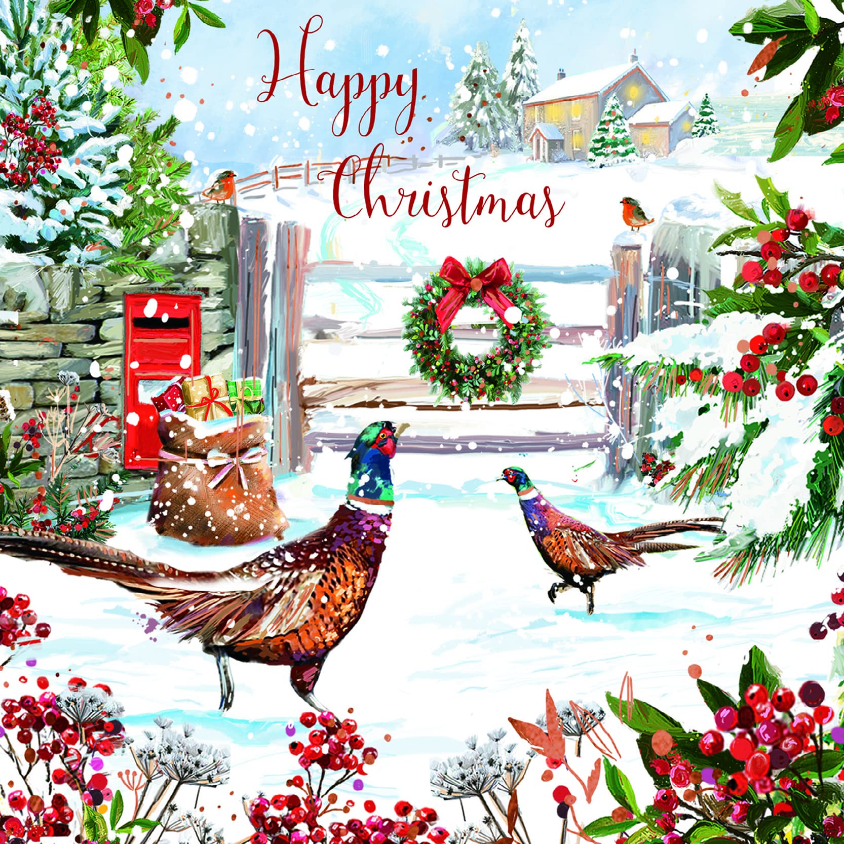 Ling Design Pack of 6 Artistic Charity Christmas Cards - 'Happy Christmas Pheasants' - 6 Cards of 1 Illustrated Design - From The Great British Card Company