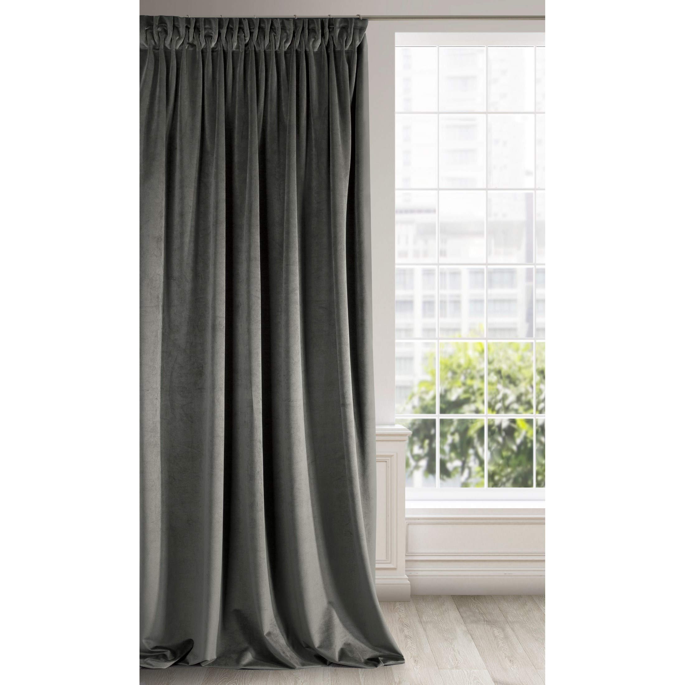 Eurofirany Soft Plain Opaque Velvet Curtain with Rufflette Tape For Rail - 1 Unit, Thick Fluffy Panel Drape Classic Glamour Elegant Living Room Bedroom, W55'' x L106'', 140x270 cm, Graphite