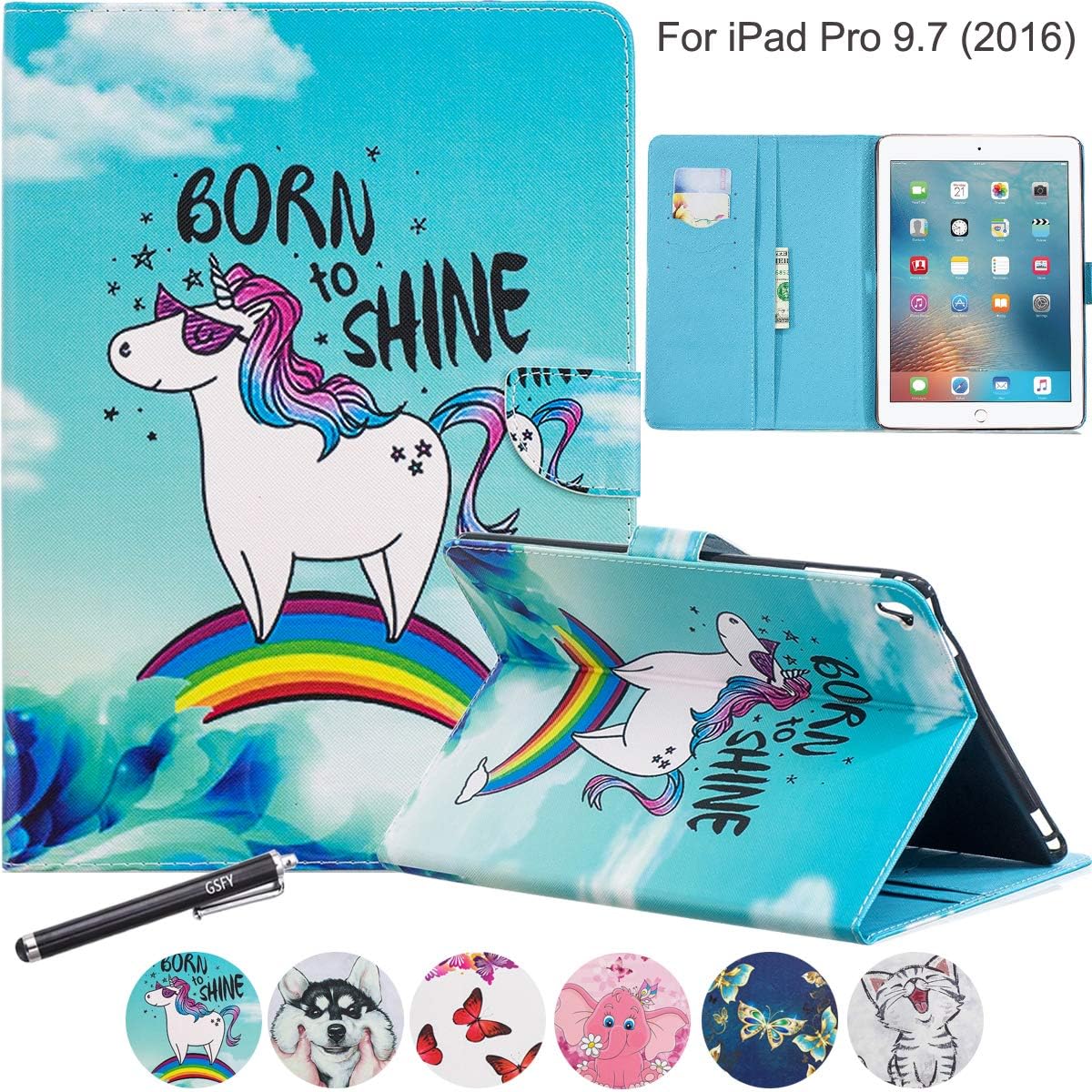 iPad Pro 9.7 Case, Newshine Lightweight Slim Folding Wallet Stand Cover Auto Sleep/Wake for Apple iPad Pro 9.7 Inch Tablet (2016 Release, A1673 A1674 A1675) - Sunglasses Unicorn