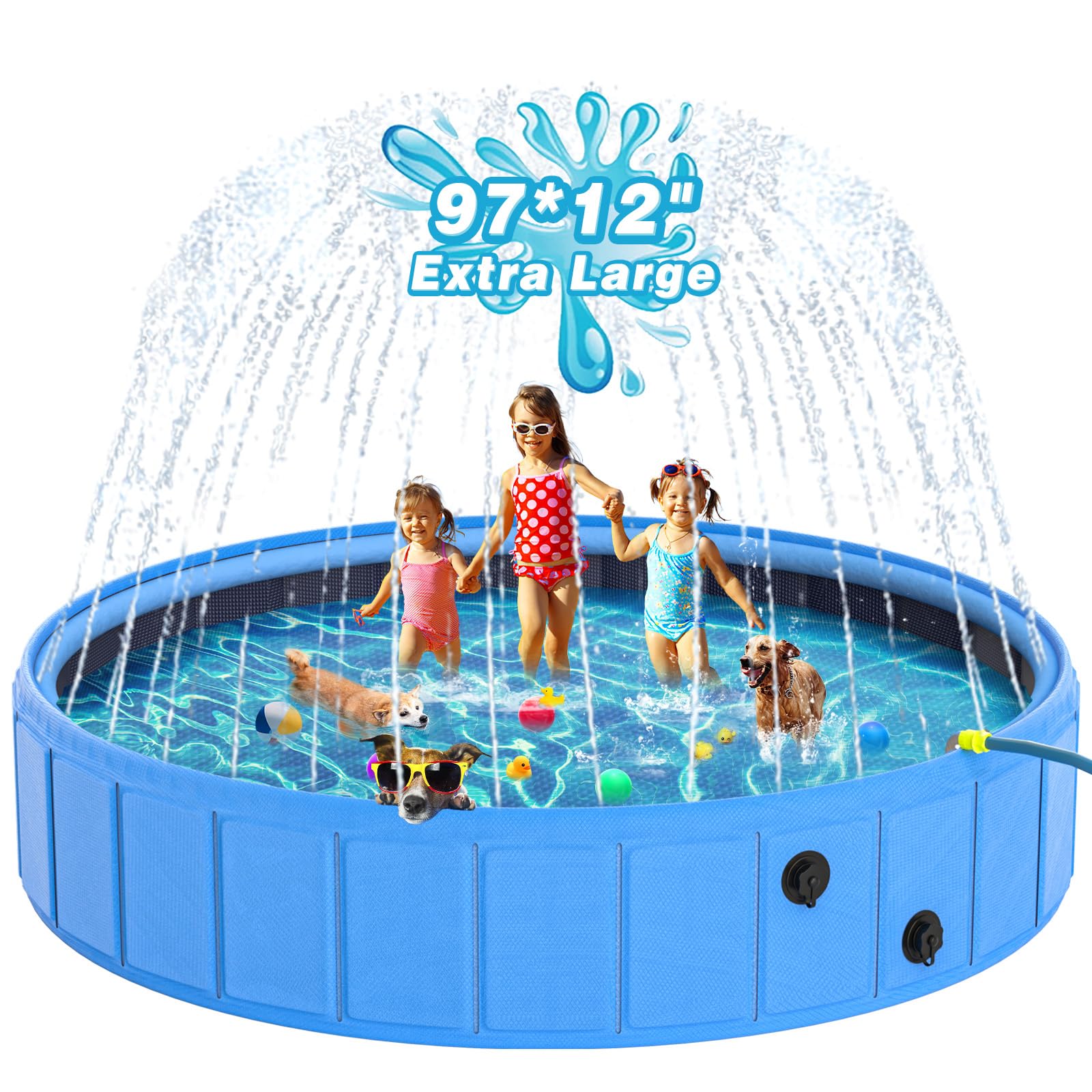 Photo 1 of **FACTORY SEALED** EPN Large Foldable Dog Pool – 0.55MM PVC 2-in-1 Portable Bathtub & Sprinkler for Dogs, Cats, Kids – Heavy Duty, Non-Slip, Summer Water Toy (97 in)
