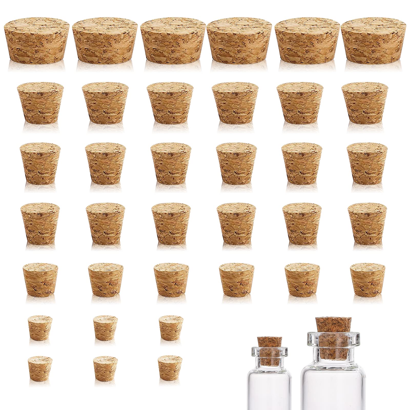 Tapered Cork Plugs, 36 Pcs Wooden Bottle Corks Stoppers Soft Wine Wood Cork Stopper Replacement for Bottles Craft Jars (6 Sizes)