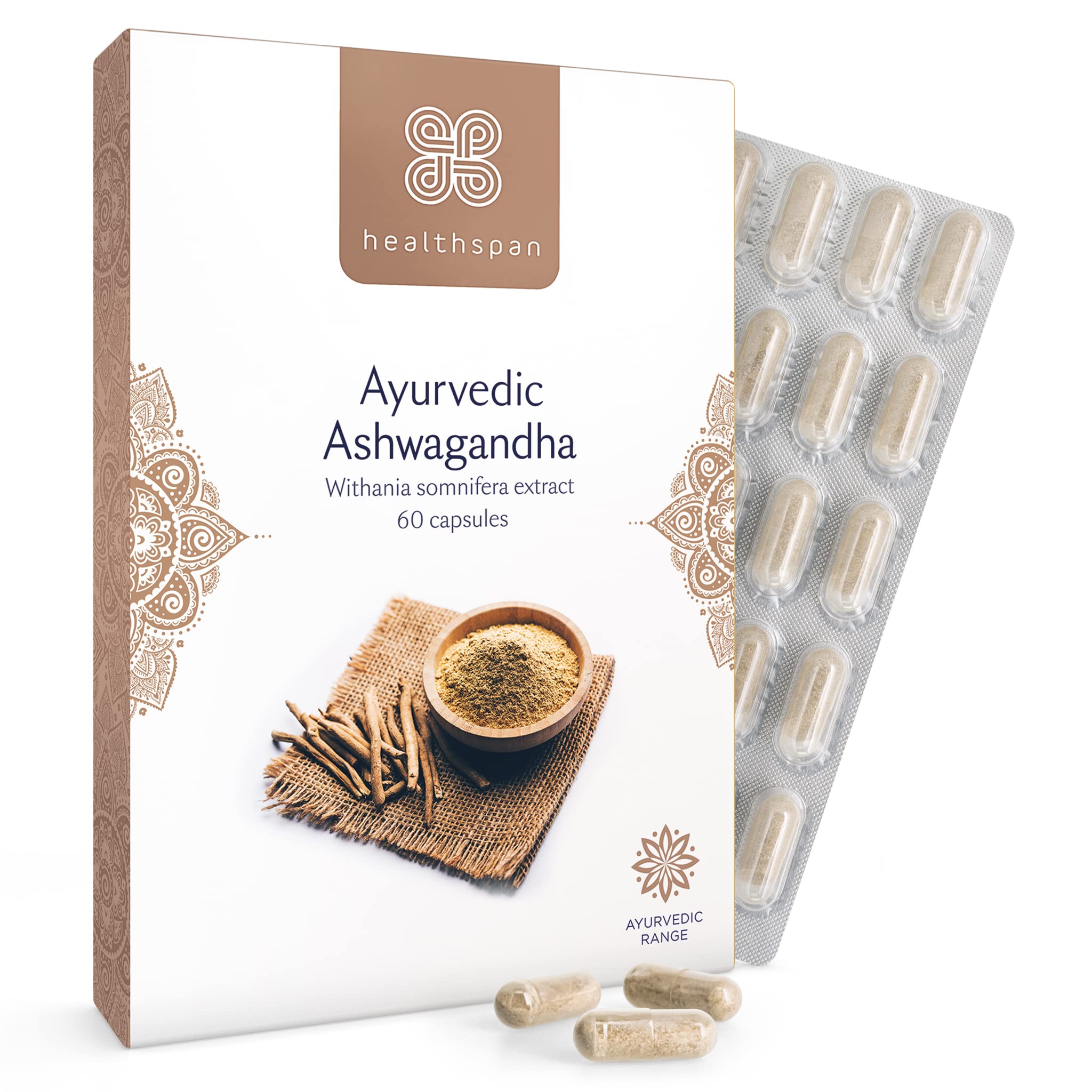 Healthspan Ashwagandha Mental Wellbeing Support | 60 Capsules | Supports Relaxation | 500mg KSM-66 Ashwagandha | Added Vitamins B6 & B12 | Ayurvedic | Vegan