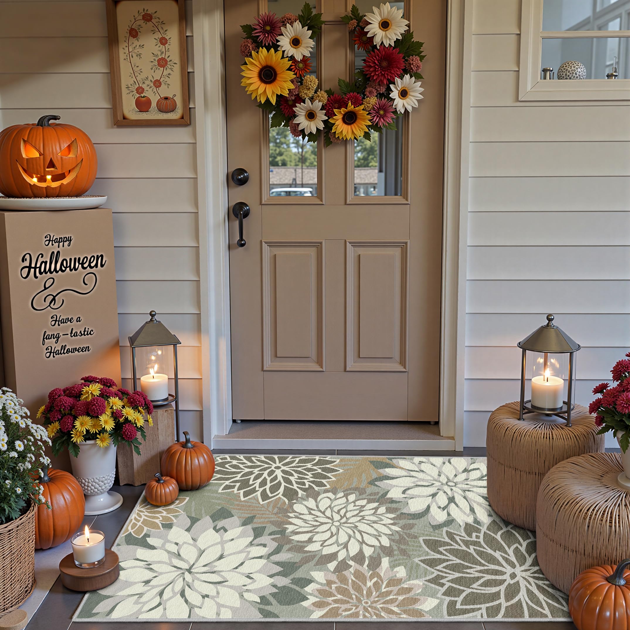 Photo 1 of Area Rug 2x3 Brown White Washable Halloween Fall Outdoor Rug Tropical Botanical Modern Floral Outdoor Carpet Non Slip for Patio, Deck, Backyard, Porch Pumpkin