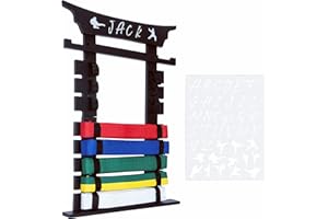 humberboat Wall Karate Belt Display Rack with Medal Hanger and Stickers, Black Martial Arts Belt Display Holder, 8 Belt Taekwondo Belt Display Hanging Holder for Kids and Adults