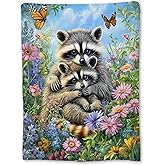 Ti Caldi Cute Raccoon and Cub Blanket with Floral, Soft Fuzzy Flannel Throw Blanket for Couch, Bed, Travel & Home Decor, Lightweight Cozy Warm Blankets for Adults Kids Men Women 60×50 in