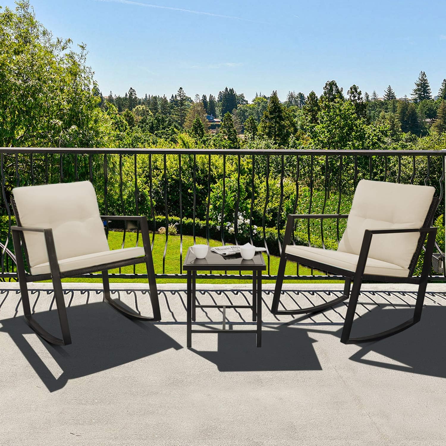 Greesum GS-3RRCSBG 3 Pieces Patio Furniture Set, Glass Coffee Table, Beige : Garden & Outdoor