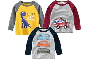 KidZain Toddler Boys T-Shirts 3 Pack Cotton Soft Breathable Long Sleeve Graphic Tees Multipack Dinosaur Fire Truck Car 2-9