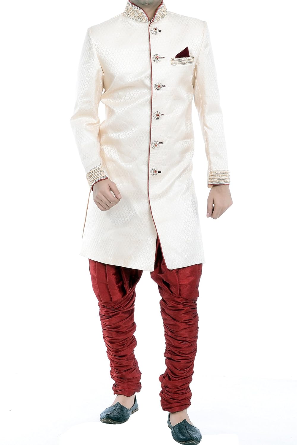 vastramay men's golden cotton silk sherwani & churidar set