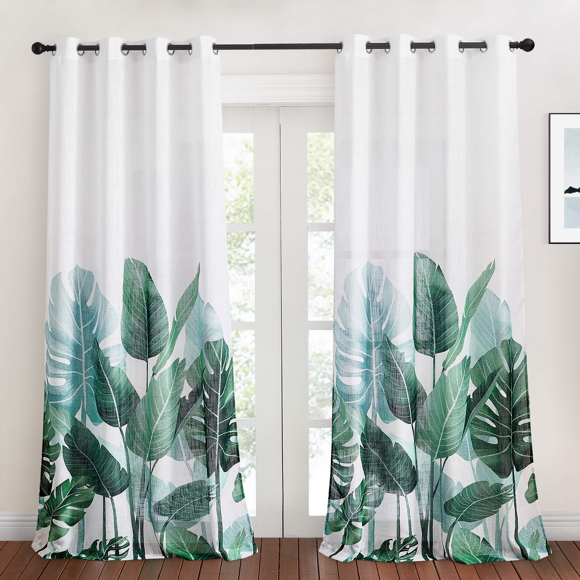 KGORGE Linen Semi Sheer Curtains - Tropical Leaves Window Curtains for Bedroom Natural Foliage Pattern on White Sheer Backdrops for Dining Room Bathroom Sliding Door, W 50 x L 95 inch, 2 Pcs