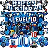 10th Birthday Decorations for Boys, Blue Video Game Party Decorations, Level 10 Backdrop, Banner, Hanging Swirls, Honeycomb Centerpieces, Foil & Latex Balloons for 10 Years Old Boy Birthday Decor