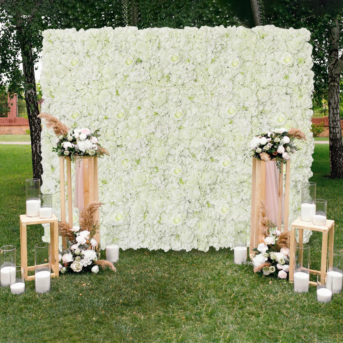 Photo 1 of White Artificial Flower Wall Backdrop Panels 5ftx3.74ft White Fake Rose Wedding Backdrop 3D Floral Wall for Party Baby Shower Bridal Wedding Background Decor
