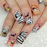 Orange Glitter Halloween Press on Nails Short Square Fake Nails Big Eyes Charms Mummy Colorful Sequins Nail Decals Nails Press ons Spider Web Bat Cat False Nails Glue on Nail Stick on Nail for Women