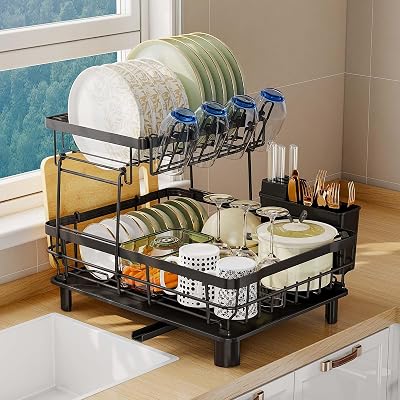 GHERISN 2 Tier Dish Drainer Rack with Drip Tray 360° Swivel Spout Black