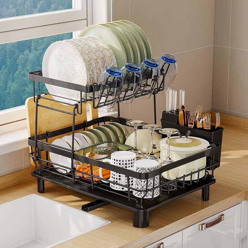 GHERISN 2 Tier Dish Drainer Rack with Drip Tray 360° Swivel Spout Black