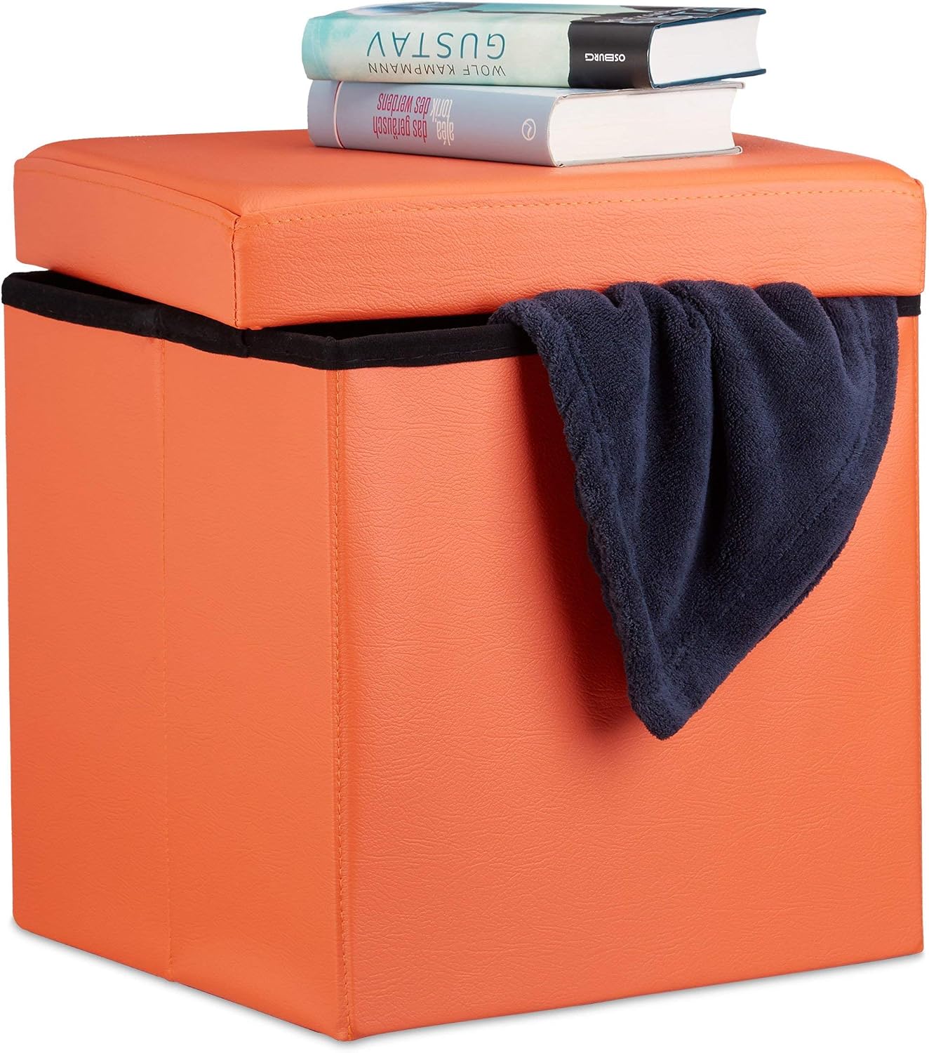 Relaxdays Folding Ottoman 38 x 38 x 38 cm Sturdy Storage Chair Pouffe and Footstool, Faux Leather Box, Removable Lid, Orange