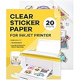 90% Clear Sticker Paper for Inkjet Printer - (20 Sheets), 8.5 x 11 Letter Size, Transparent Glossy, Printable Vinyl, Water-Re