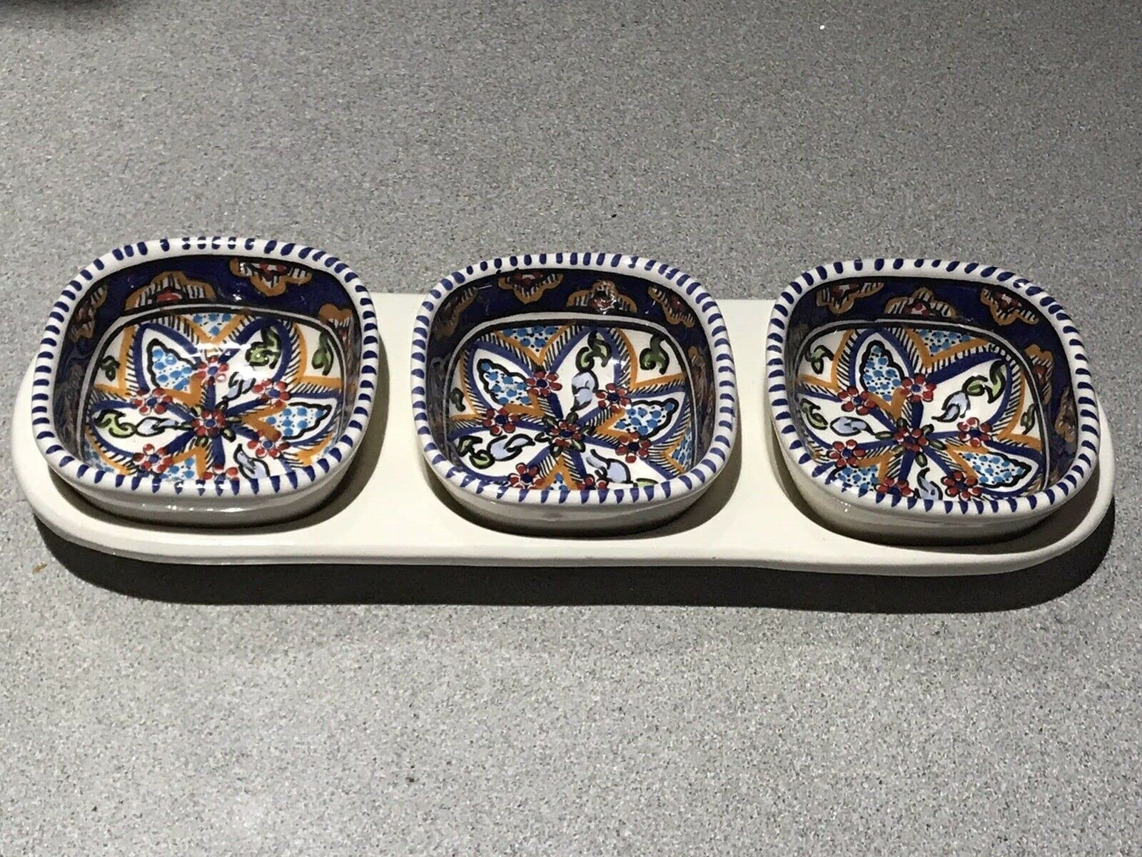 Funky Global Tunisian Rainbow Carthage, Red Or Chrysanthemum Designs Dips, Nibbles, Tapas, Snacks. Set of Three Bowls On Tray Hand Made, Hand Painted. (Tunisian Carthage Triple Set)