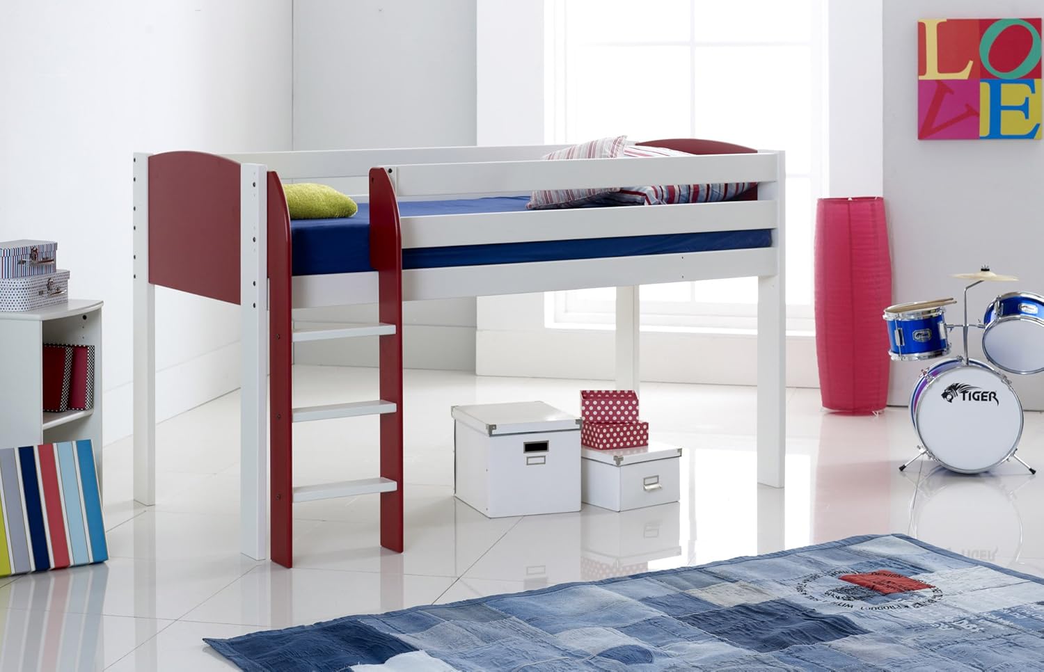 Scallywag Kids Cabin Bed Narrow White Red Straight