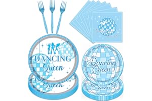 Aposwow Dancing Party Decorations 17, 96PCS Queen 17th Paper Plates Party Supplies Decor, Disposable Blue Disco Napkins Forks Tableware Set for Girls Birthday Decor