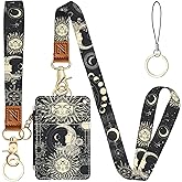 Sun and Moon 2-in-1 ID Badge Holder & Lanyard Wallet for Teachers,Nurse,Professionals-Cute Zippered Coin Pouch,Removable Wristlet & Neck Lanyard,5 Card Slots Stylish Work Essential