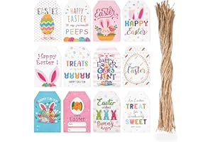 cnomg 60 Pack Easter Bag Tags with String 12 Styles Colorful Easter Bunny Tags for Basket DIY Crafts Cellophane Treat Bags Pa