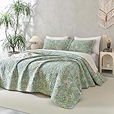 Sanracie California King Quilt Bedspread Set(118"x106"), 100% Cotton Green Flower Bird Butterfly Botanical Printed Pattern Quilted Sets 3Pcs Soft Breathable Bedding Set for All Season