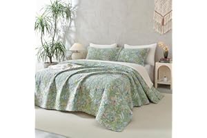 Sanracie Oversized Queen Size Quilt Bedspread Set(102"x118"), 100% Cotton Green Flower Bird Butterfly Print Botanical Quilted Bedding Set 3Pcs Lightweight Breathable Bedspreads for All Seasons