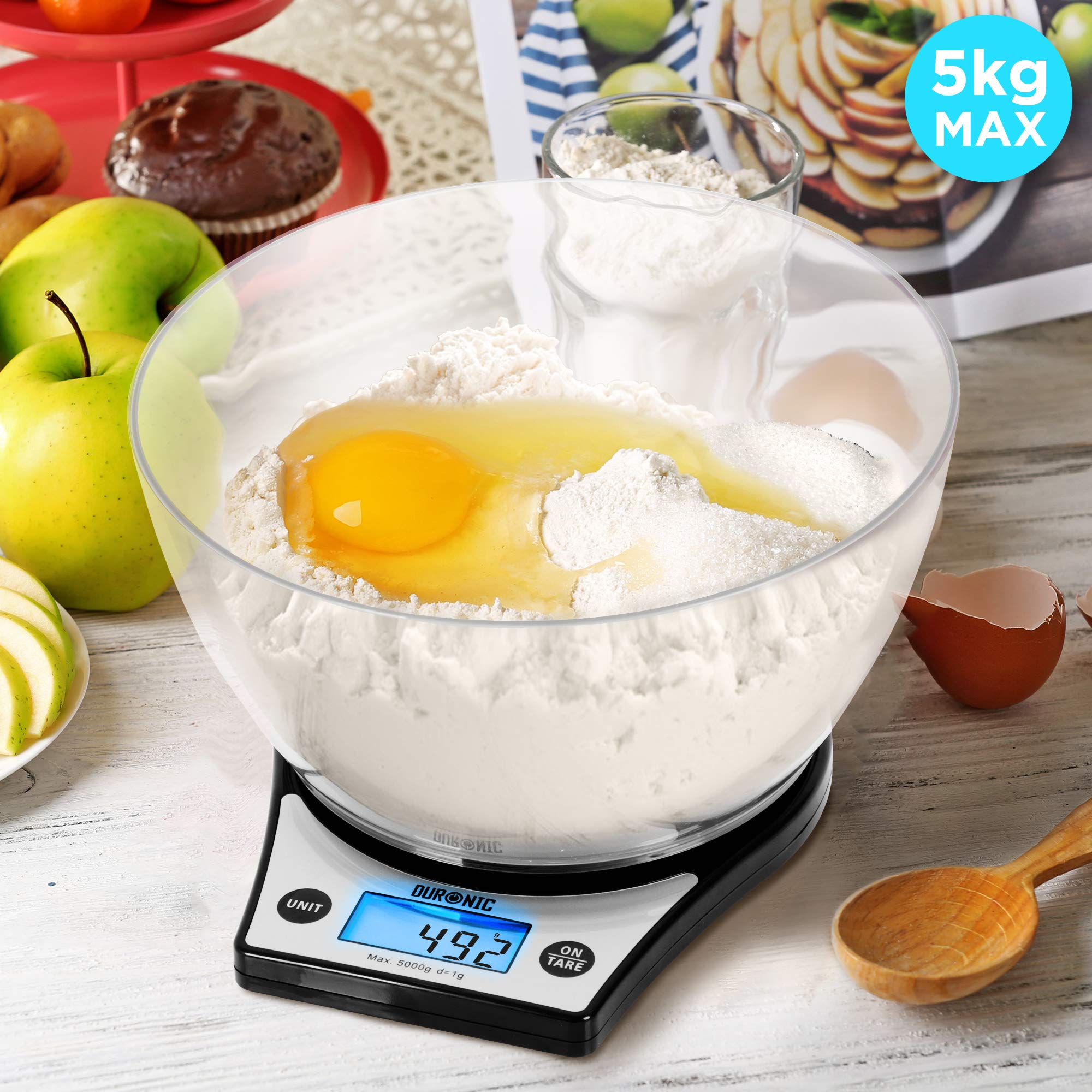 Duronic Digital Kitchen Scales KS6000 BK/CR Electronic Kitchen Scale with Bowl Measuring Weighing Scale Baking Scale for Cooking Baking Postal Pet Food Measurement Baker Weight Scale, Tare LCD Display