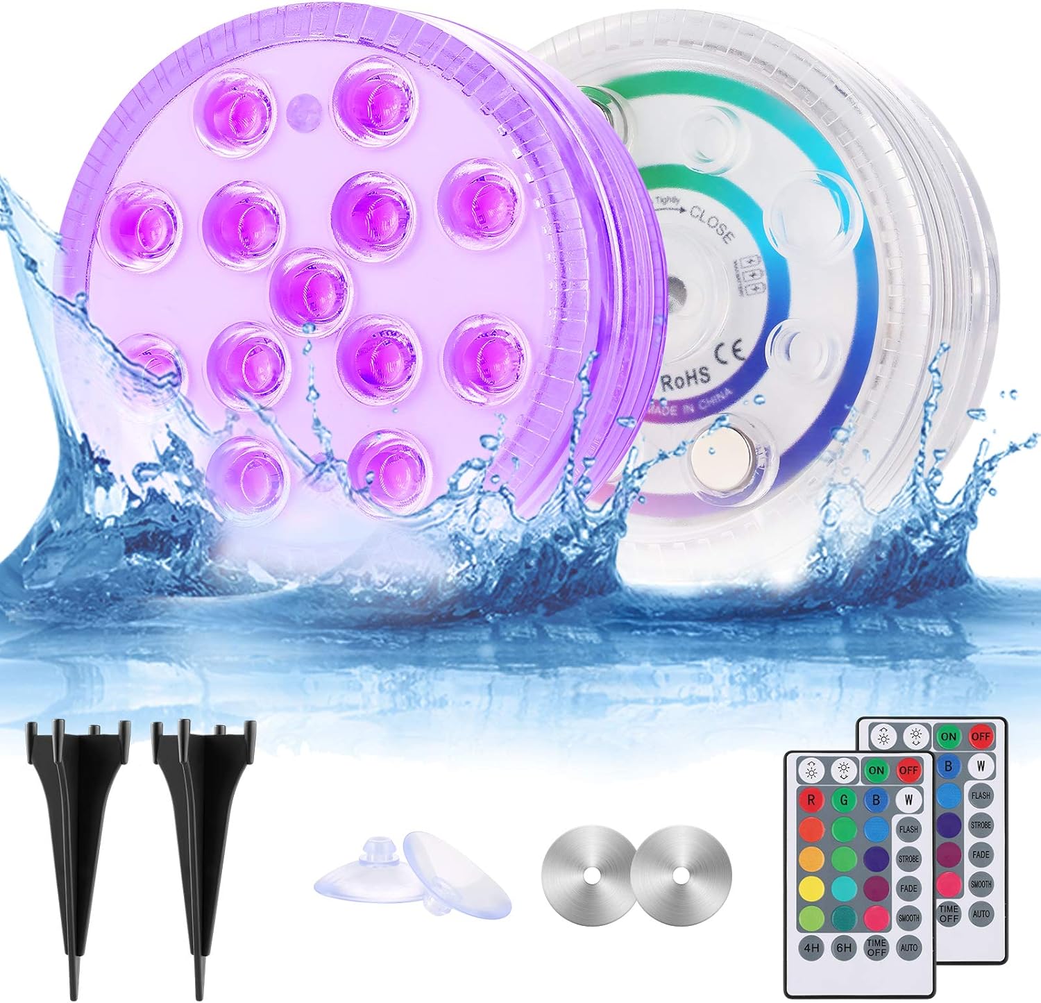 Unterwasser Licht, Lovebay Poolbeleuchtung, 16 RGB Led Unterwasserleuchten Licht mit Bodeneinsätze, Magnetisch, Fernbedienung, Timer für Teich, Vase, Badewanne, Aquarium (2 Stück)