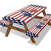 American Flag Picnic Table Cover with Bench Covers Camping Essentials Rectangle Fitted Tablecloth with Elastic Waterproof Outdoor Table Cloth for RV Picnic Travel