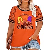 Plus Size Halloween Shirts for Women Pumpkin Graphic Tshirt Fall Casual Short Sleeve Tee Tops