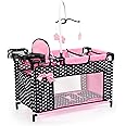 Bayer Design Dolls: Multi Bed - Black, Pink, Hearts - Accessory Set for Dolls Up to 18", Built-in High Chair, 3 Hangers, Pillow, Blanket, Kids Ages 3+