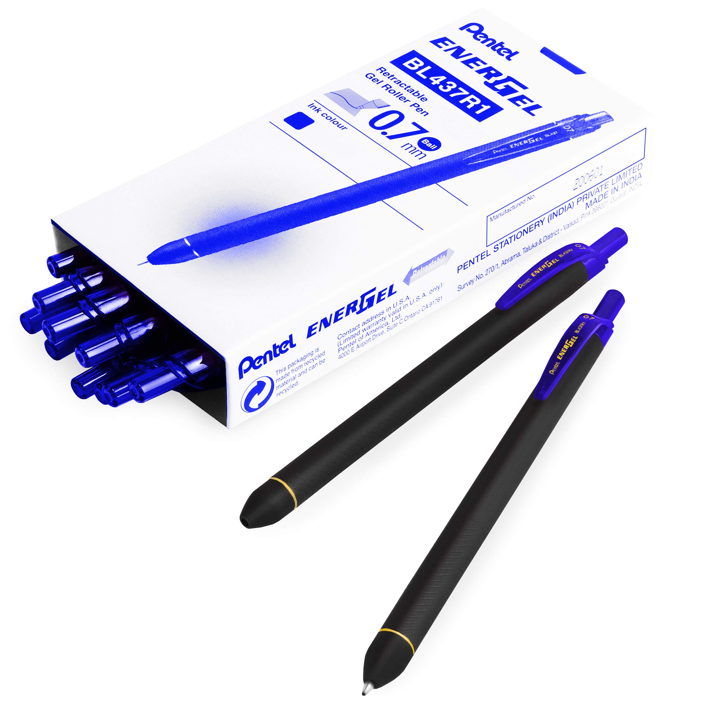 Pentel Energel BL437R1 Retractable Gel Ink Rollerball Pen - 0.7mm Nib - Blue - Pack of 14