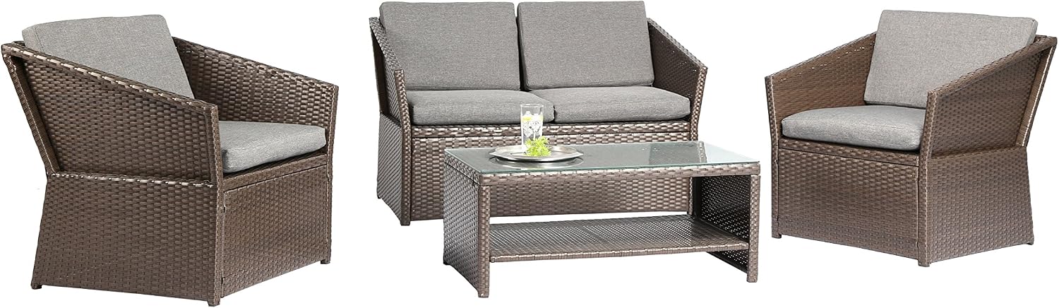 Amazon Com Baner Garden 4 Pieces Outdoor Furniture Complete Patio Cushion Wicker Rattan Garden Set Full Brown Kitchen Dining