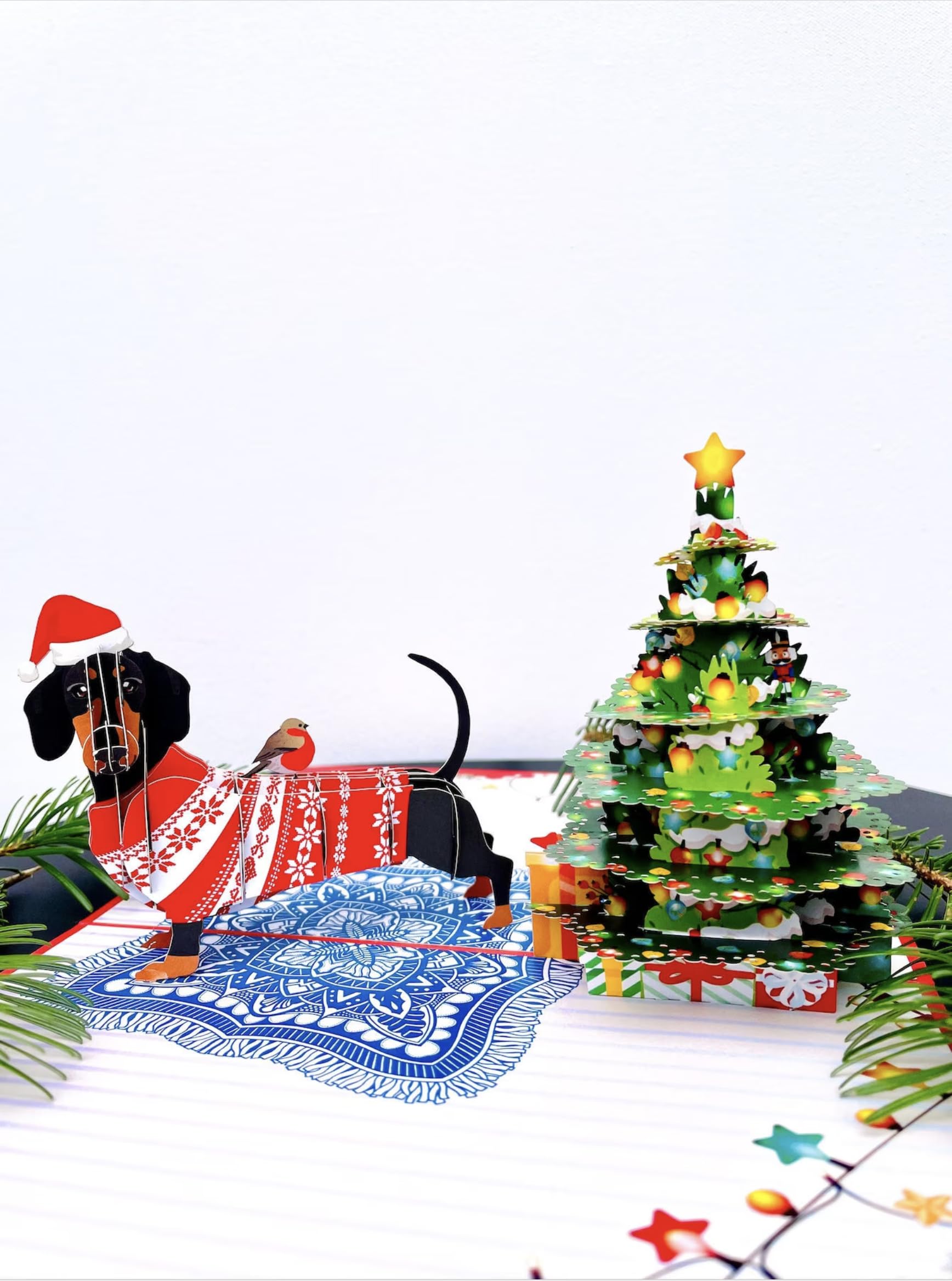 Christmas Dachshund dog 3D Pop Up card.A Delightful and fun holiday surprise greeting card gift for kids, friends, family and loved ones. For Christmas decor and parties.20cmx15cm