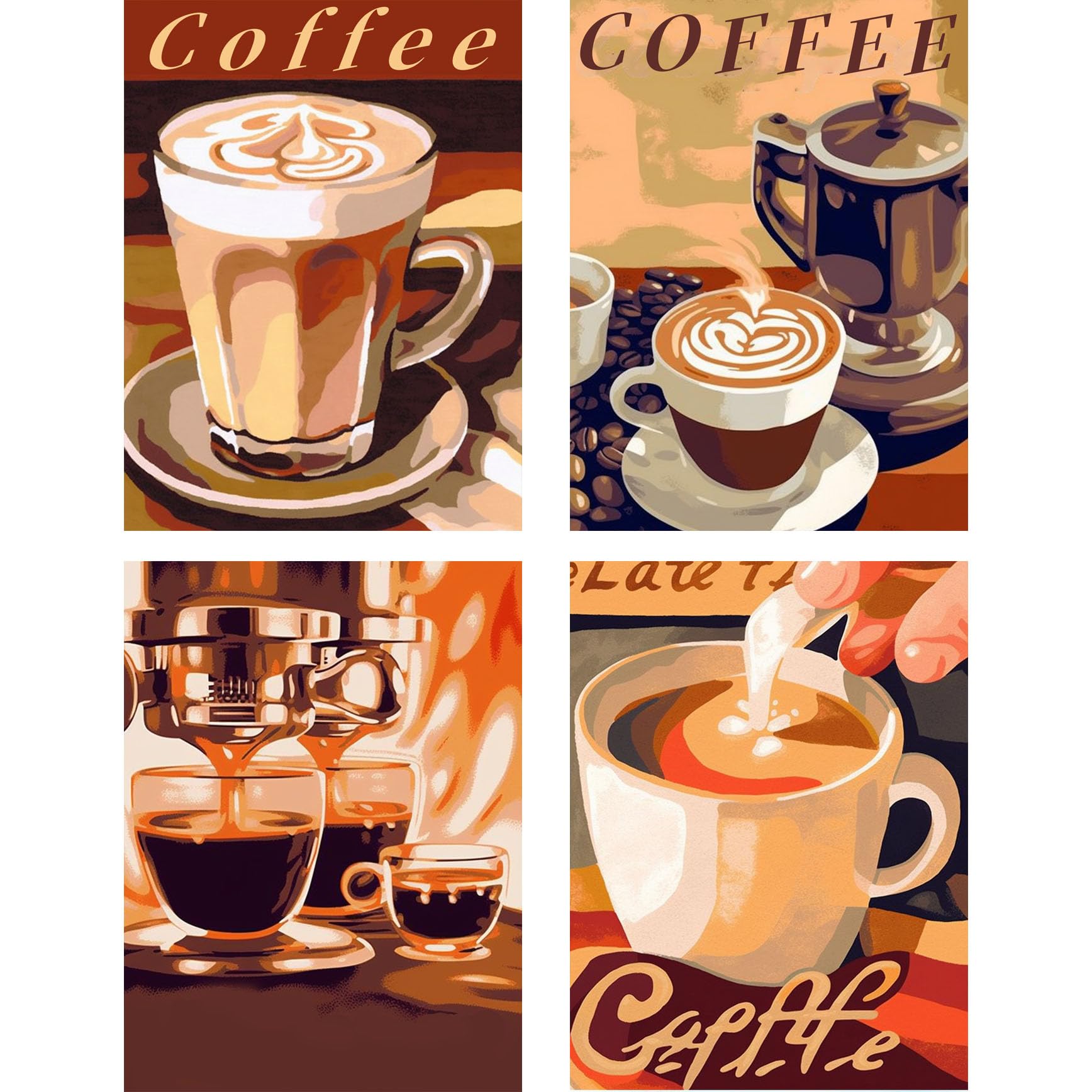 4 Pack 5D DIY Diamond Painting Kit Coffee Full Drill by Number Kits, Latte Macchiato Espresso & Cappuccino Paint with Diamonds Art Craft Cross Stitch Living Dining Room Decor (25x35 cm)
