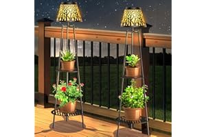 Candieslife 2 Pack Outdoor Solar Lights with Plant Stands, 45.5" Metal Solar Floor Lamps Waterproof Garden Lights for Patio Deck Yard Garden Porch Backyard Decor (Bronze)