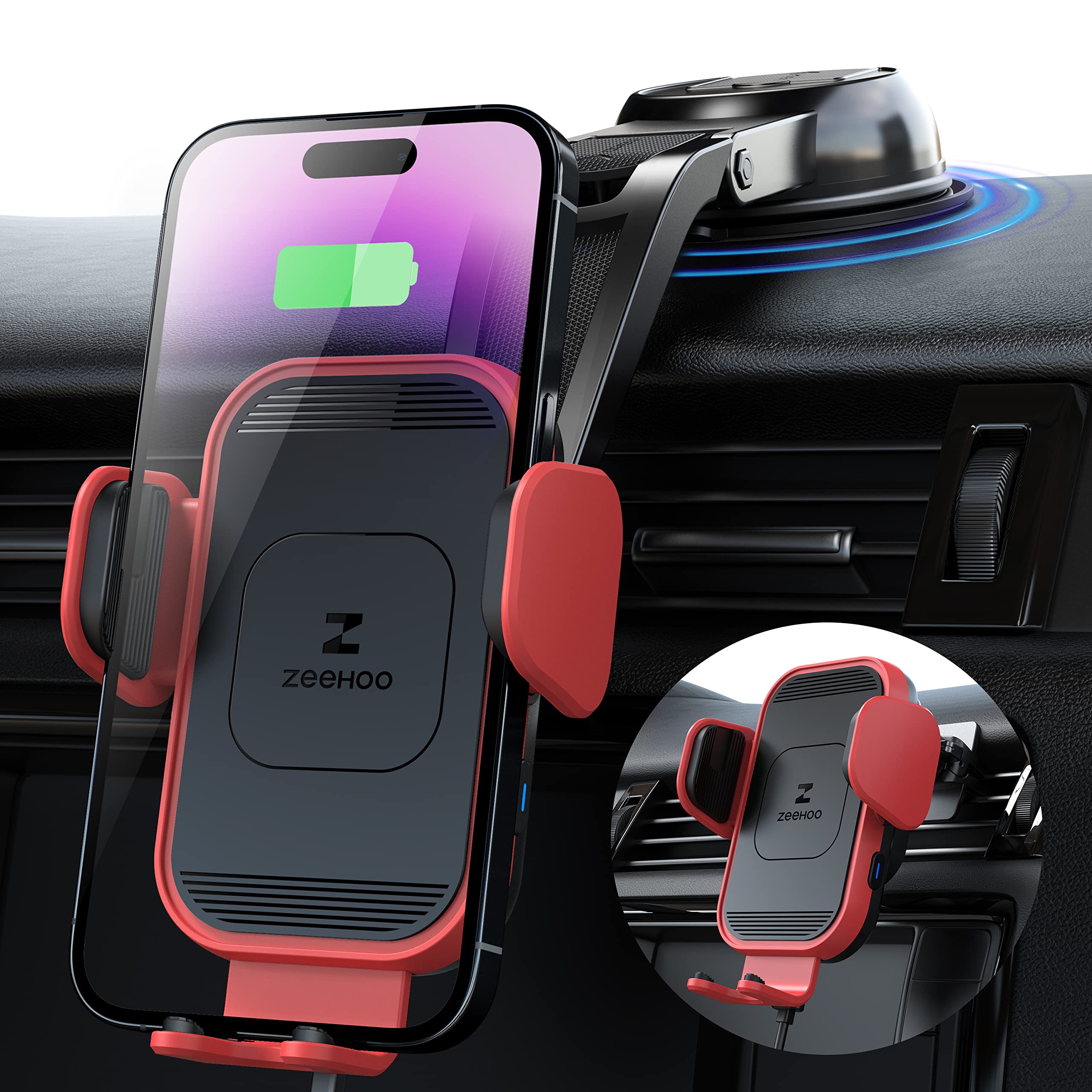 Photo 1 of ZeeHoo Wireless Car Charger,15W Fast Charging Auto-Clamping Car Mount,Windshield Dash Air Vent Phone Holder for iPhone 15 14 13 12 11 Pro Max,Samsung S23 Ultra, S21,etc.(Red)