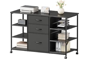YeTom Mobile File Cabinet,Lateral Filing Cabinet with 3 Fabric Drawers,Rolling Printer Stand with 4 Open Storage Shelf,Black