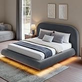 Hizyrina King Size Floating Cloud Bed Frame with 5" Thick Headboard &amp; RGB LED Lights, Velvet Upholstered Platform Bed, Soft Rounded Corners, Metal Slat Support, Noise-Free, No Box Spring Needed, Grey