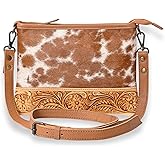 Merbaa Western Cowhide Tooled Leather Small Crossbody Bag Cowgirl Fashion Purse with Adjustable Detachable Shoulder Strap