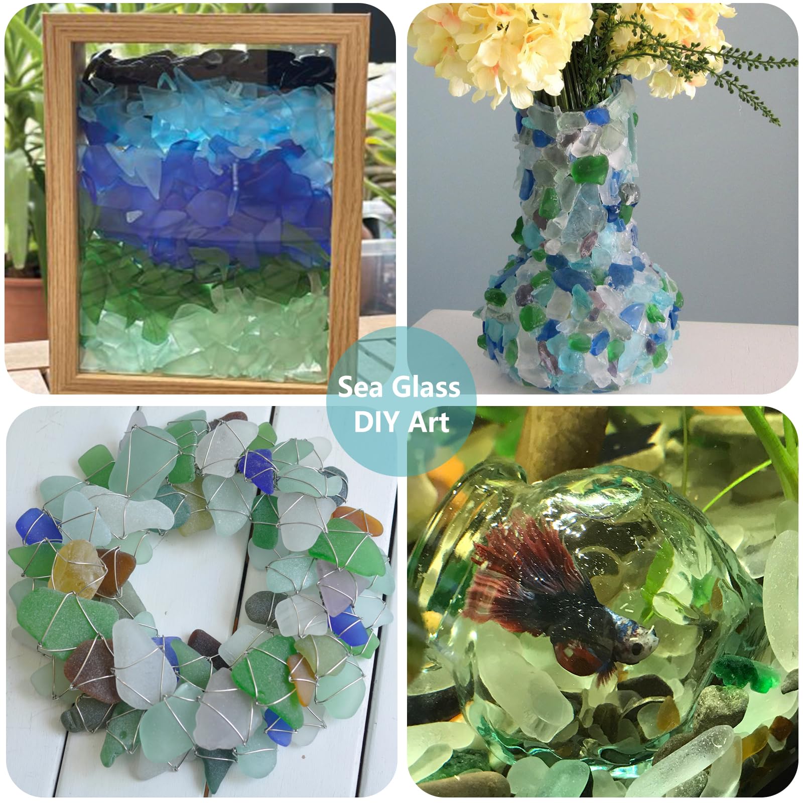 Sea Glass for Crafts - 14oz Frosted Seaglass Pieces - Vase Filler and Aquarium Ornament, DIY Craft Supplies for Art, Beach Weddings, and Home Decor (Blue, Aqua Green, White)